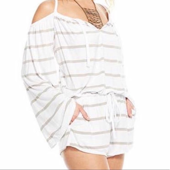 Chaser Cold Shoulder Bell Sleeve Stripe Romper - Picture 2 of 4